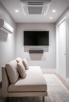 Minimalist media room with a sleek sofa, wall-mounted TV, and minimal decor for a clean aesthetic photo