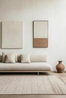 Minimalist living space with a low-profile sofa, neutral rug, and a single piece of modern art on the wall photo
