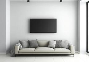 Minimalist media room with a sleek sofa, wall-mounted TV, and minimal decor for a clean aesthetic photo