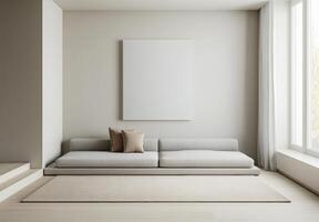 Minimalist living space with a low-profile sofa, neutral rug, and a single piece of modern art on the wall photo