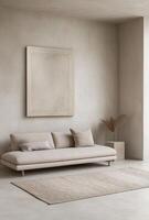 Minimalist living space with a low-profile sofa, neutral rug, and a single piece of modern art on the wall photo