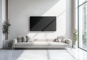 Minimalist media room with a sleek sofa, wall-mounted TV, and minimal decor for a clean aesthetic photo