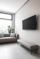 Minimalist media room with a sleek sofa, wall-mounted TV, and minimal decor for a clean aesthetic photo