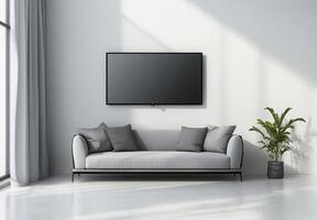 Minimalist media room with a sleek sofa, wall-mounted TV, and minimal decor for a clean aesthetic photo