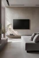 Minimalist media room with a sleek sofa, wall-mounted TV, and minimal decor for a clean aesthetic photo