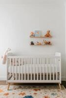 Minimalist nursery with clean white walls, a simple crib, and a small shelf with toys neatly arranged photo
