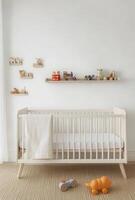 Minimalist nursery with clean white walls, a simple crib, and a small shelf with toys neatly arranged photo
