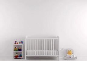 Minimalist nursery with clean white walls, a simple crib, and a small shelf with toys neatly arranged photo