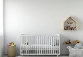Minimalist nursery with clean white walls, a simple crib, and a small shelf with toys neatly arranged photo