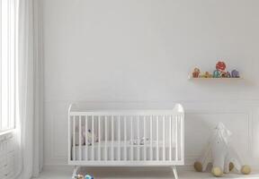Minimalist nursery with clean white walls, a simple crib, and a small shelf with toys neatly arranged photo