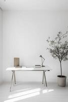 Minimalist office space with white walls, a sleek desk, and minimal decor to maintain focus and productivity photo