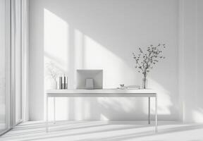 Minimalist office space with white walls, a sleek desk, and minimal decor to maintain focus and productivity photo