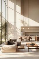 Minimalist open-plan living area with neutral colors, modern furniture, and large windows letting in natural light photo