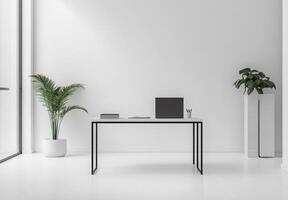 Minimalist office space with white walls, a sleek desk, and minimal decor to maintain focus and productivity photo