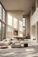 Minimalist open-plan living area with neutral colors, modern furniture, and large windows letting in natural light photo