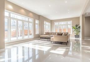 Minimalist open-plan living area with neutral colors, modern furniture, and large windows letting in natural light photo