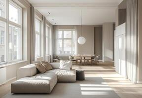 Minimalist open-plan living area with neutral colors, modern furniture, and large windows letting in natural light photo