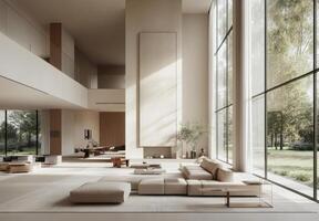 Minimalist open-plan living area with neutral colors, modern furniture, and large windows letting in natural light photo