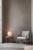 Minimalist reading nook with a simple chair, small table, and a single lamp providing cozy lighting photo