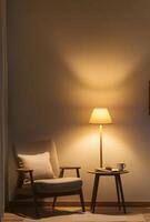 Minimalist reading nook with a simple chair, small table, and a single lamp providing cozy lighting photo