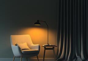 Minimalist reading nook with a simple chair, small table, and a single lamp providing cozy lighting photo
