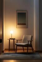 Minimalist reading nook with a simple chair, small table, and a single lamp providing cozy lighting photo
