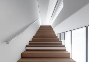 Minimalist staircase with sleek wooden steps, white walls, and a modern railing design photo