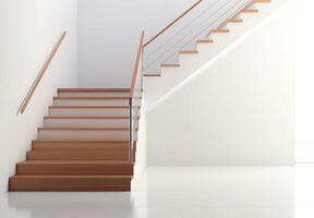 Minimalist staircase with sleek wooden steps, white walls, and a modern railing design photo
