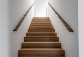 Minimalist staircase with sleek wooden steps, white walls, and a modern railing design photo