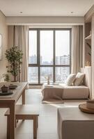 Minimalist studio apartment with clean lines, neutral furniture, and a large window offering natural light photo