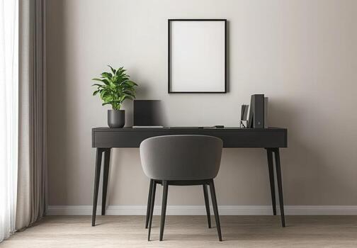 Minimalist workspace with a sleek desk, chair, and a simple plant adding a touch of greenery photo