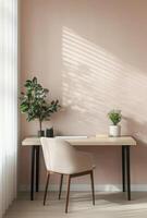 Minimalist workspace with a sleek desk, chair, and a simple plant adding a touch of greenery photo