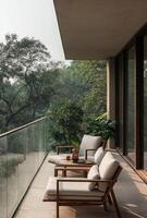 Minimalist balcony with simple outdoor furniture, clean lines, and a serene view of nature photo