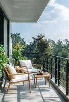 Minimalist balcony with simple outdoor furniture, clean lines, and a serene view of nature photo
