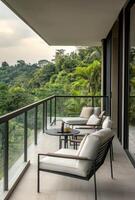 Minimalist balcony with simple outdoor furniture, clean lines, and a serene view of nature photo