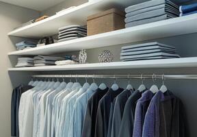 Minimalist closet with clean white shelves, neatly organized clothes, and a few decorative elements photo