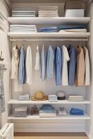 Minimalist closet with clean white shelves, neatly organized clothes, and a few decorative elements photo