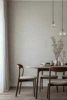 Minimalist dining area with a simple table and chairs, neutral tones, and minimal decor photo