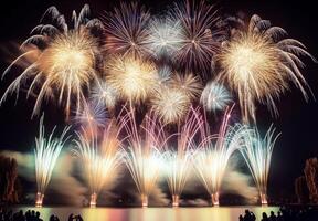 A spectacular finale of fireworks, with layers of colors and light filling the sky over a lake photo