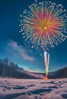 A vibrant fireworks display over a snowy landscape, creating contrast with the cold, dark surroundings photo