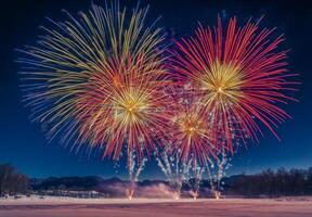 A vibrant fireworks display over a snowy landscape, creating contrast with the cold, dark surroundings photo