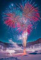 A vibrant fireworks display over a snowy landscape, creating contrast with the cold, dark surroundings photo