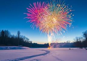 A vibrant fireworks display over a snowy landscape, creating contrast with the cold, dark surroundings photo