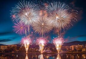 Bright fireworks exploding in the night sky over a cityscape, reflecting off nearby buildings and water photo