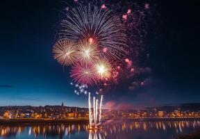 Bright fireworks exploding in the night sky over a cityscape, reflecting off nearby buildings and water photo