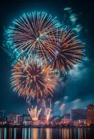 Bright fireworks exploding in the night sky over a cityscape, reflecting off nearby buildings and water photo