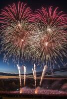Colorful fireworks lighting up the sky with large bursts, silhouetting a cheering crowd below photo