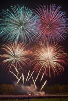 Colorful fireworks lighting up the sky with large bursts, silhouetting a cheering crowd below photo