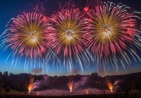Colorful fireworks lighting up the sky with large bursts, silhouetting a cheering crowd below photo