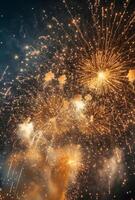 Fireworks bursting in the sky above a festive celebration, with shimmering sparks falling gracefully photo